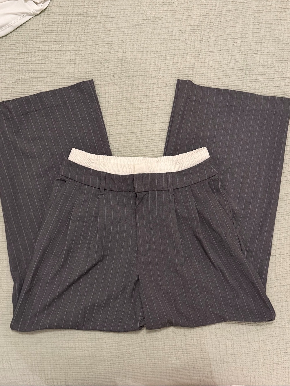 wild fable Women Pinstriped Wide-Leg Pants - Charcoal with Cream Waistband - Picture 2 of 4